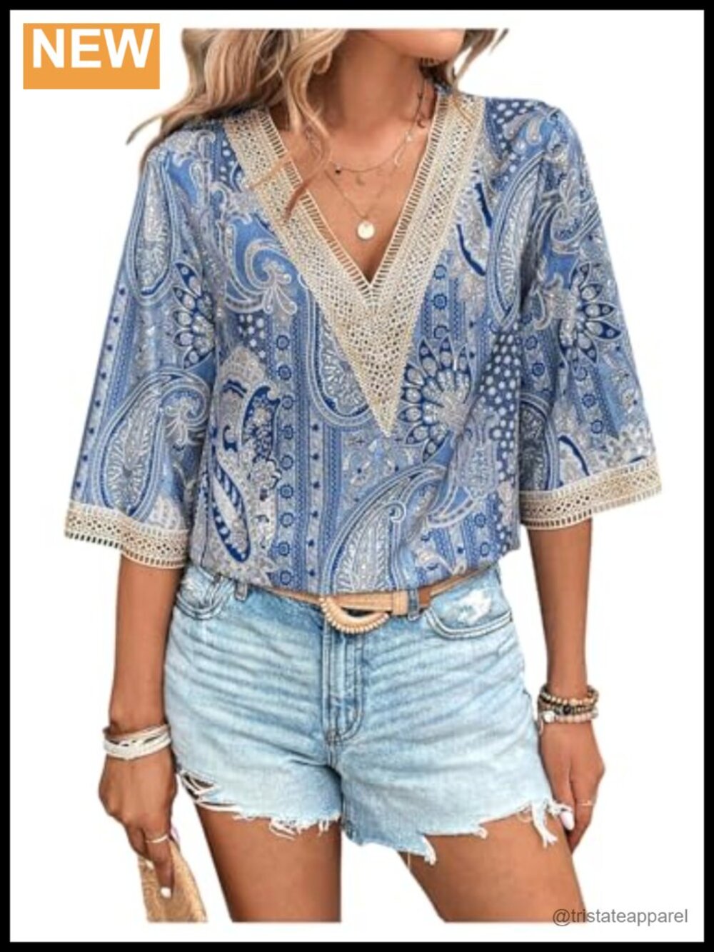 Boho Floral 3/4 Sleeve Blouse Deep V Neck Hollow Out Summer Beach Vacation Top